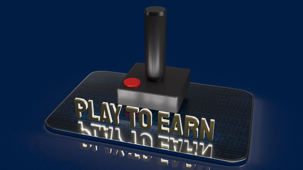 The Joystick and Play To Earn Text for Game NFT or Technology Concept 