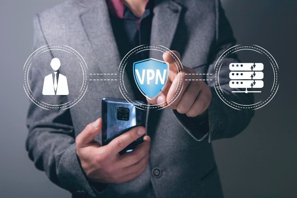 VPN Icon and Server Concept Anonymity and Access a Man Presses on the Screen and Keeps the Phone