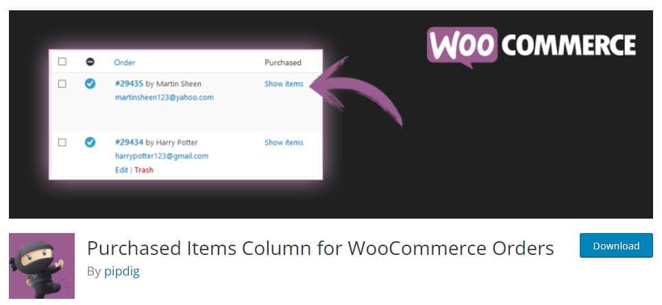 Purchased Items Column for Woocommerce Orders